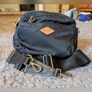 MZ Wallace Black Mini Crossbody Bag, Tan Accents, Silver Hardware